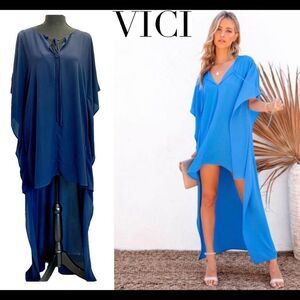 VICI high low asymmetrical short sleeve chiffon navy blue dress Sz M NWOT